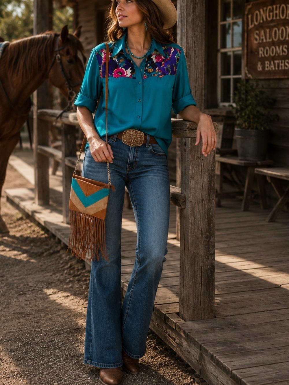 VTG Mr Max western turquoise button down short sleeve with free western purse